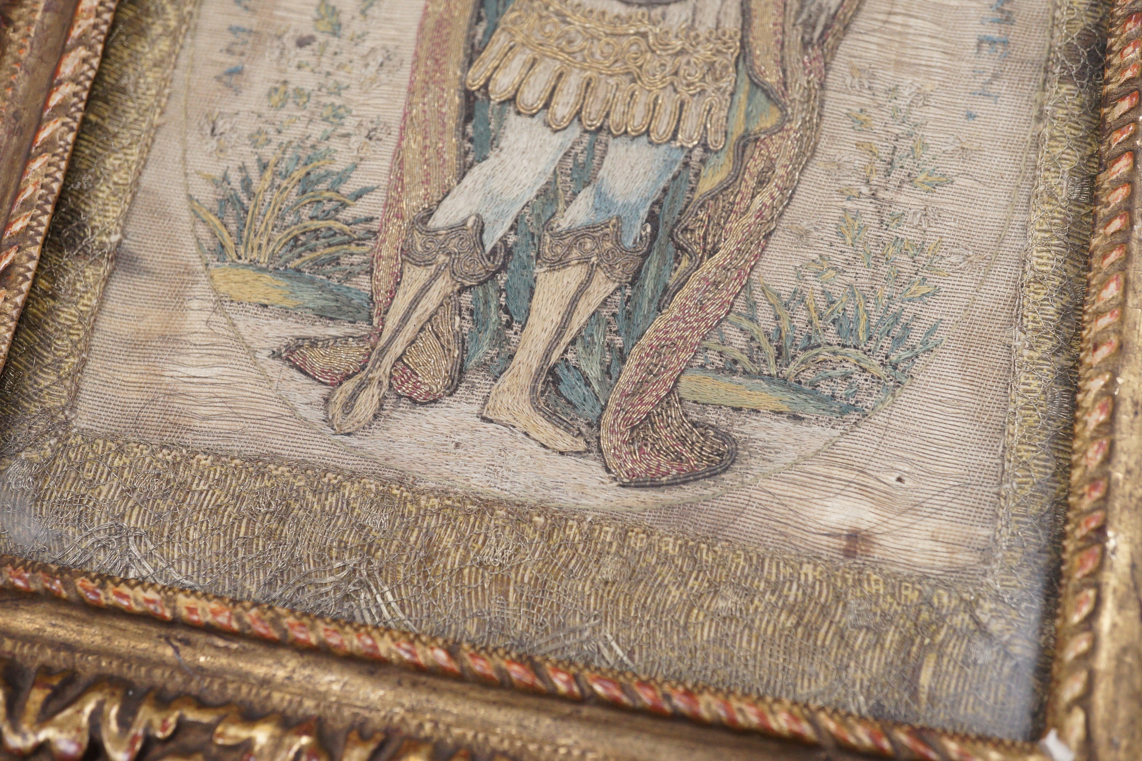 A pair of 18th century Italian embroideries in gilt frames, 24 x 19cm